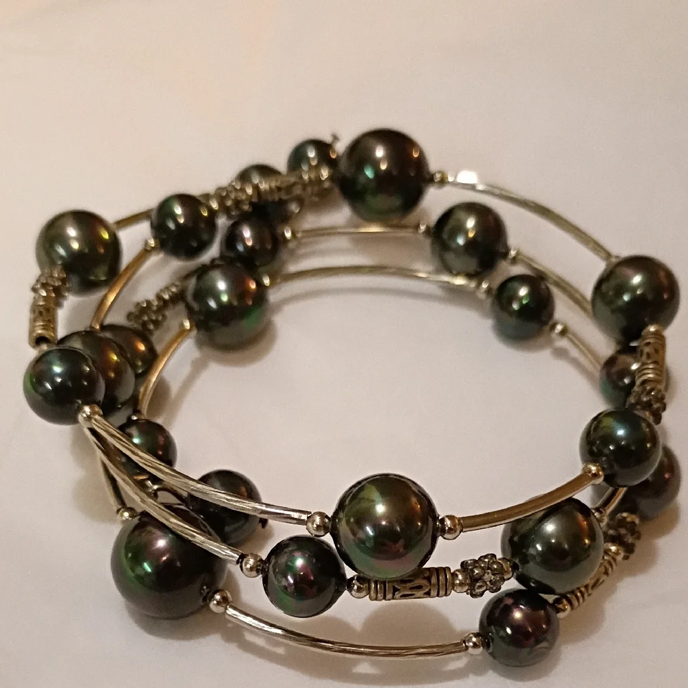 Sophisticated Dark Pearl Wrap Bracelet Silver Y2k 90s